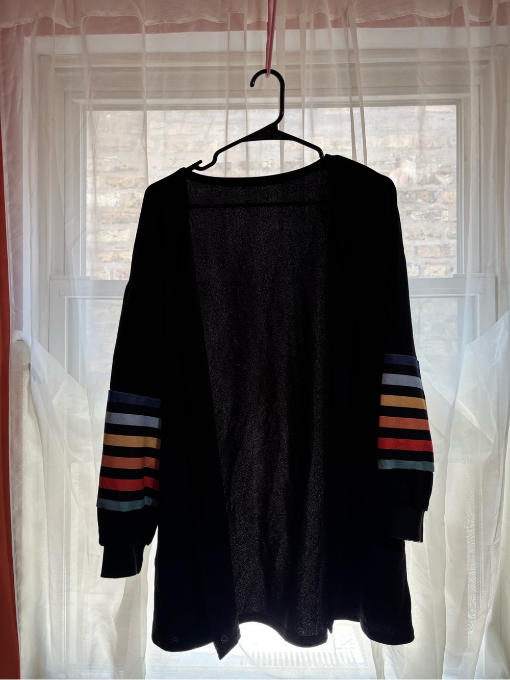 Black Women's Cardigan with Rainbow Sleeve Stripes